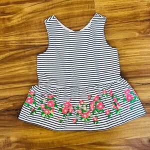Janie and Jack Black and White Striped Top with Pink Floral Accents size 6mo